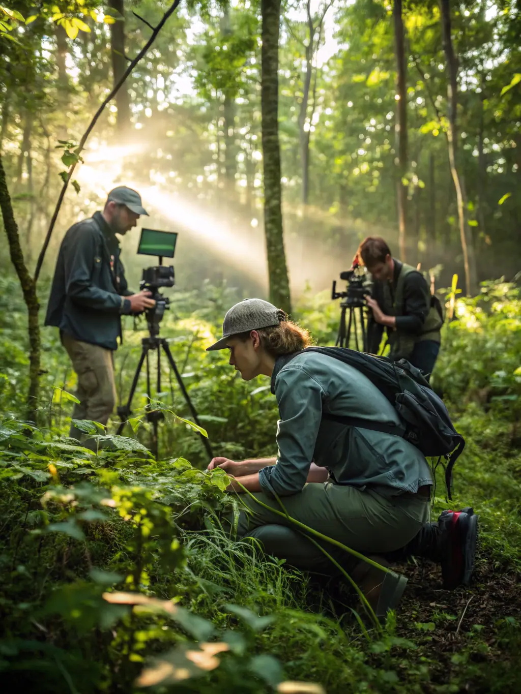 A photograph depicting wildlife rangers conducting habitat surveys in a lush forest, emphasizing the club's commitment to wildlife management.