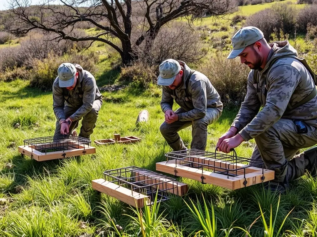A group of volunteers setting up traps to control the population of invasive species in a protected area.