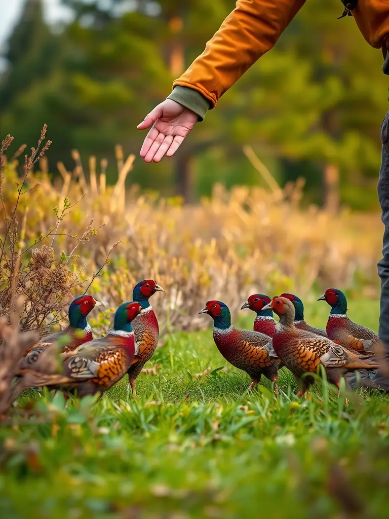 A photograph showing a team of conservationists releasing young pheasants into a protected natural habitat, highlighting the restocking program.