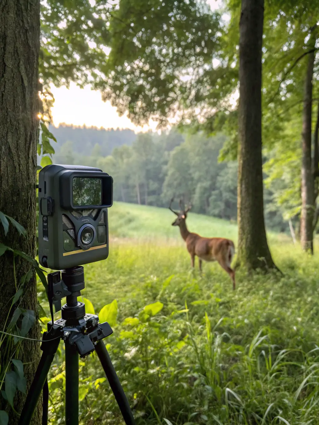 A photograph showcasing a healthy deer population in a well-managed forest area, illustrating the success of the club's wildlife protection program.