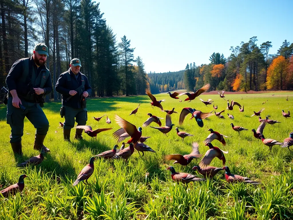 A hunter releasing a pheasant into a field during a restocking event.