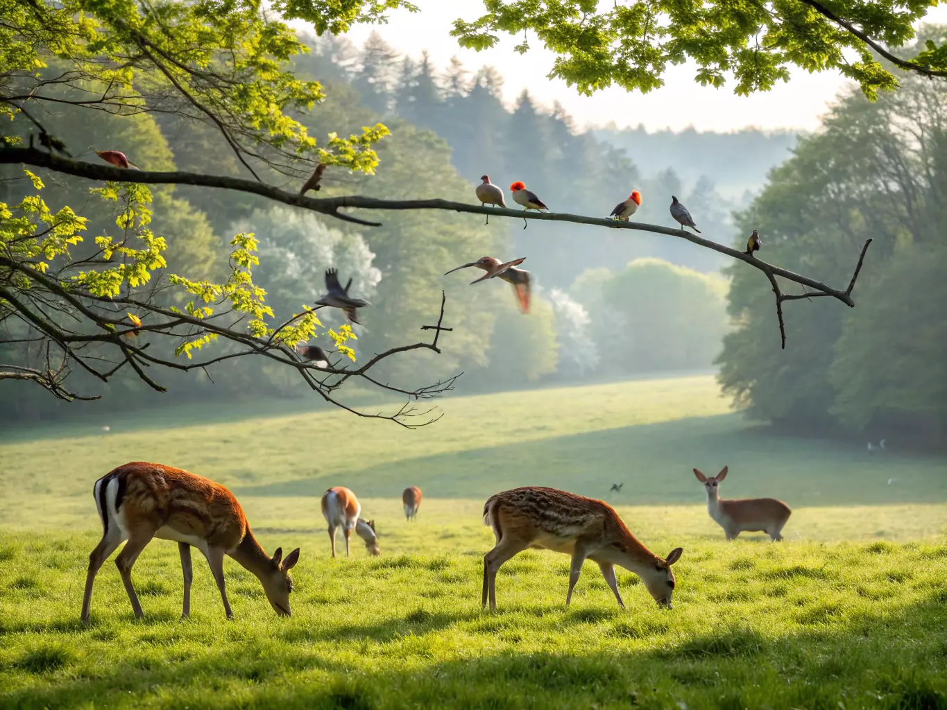 A lush forest scene with deer grazing peacefully, representing wildlife protection efforts by the hunting club.