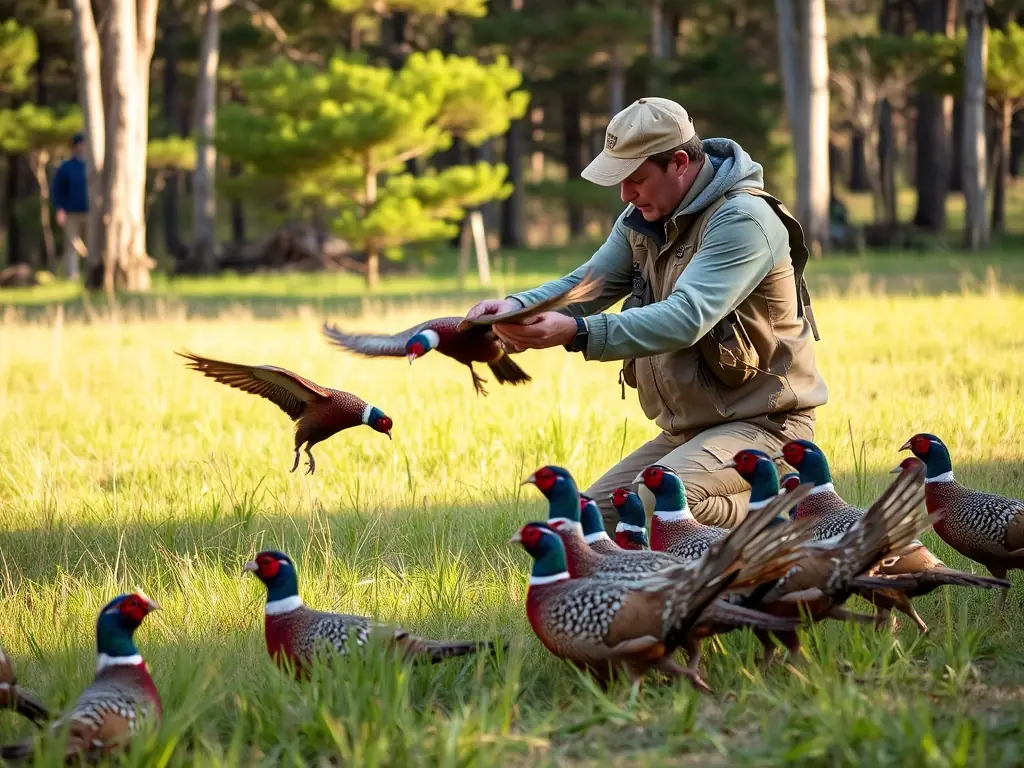 A hunter releasing a pheasant into a field, symbolizing the restocking efforts of the hunting club.