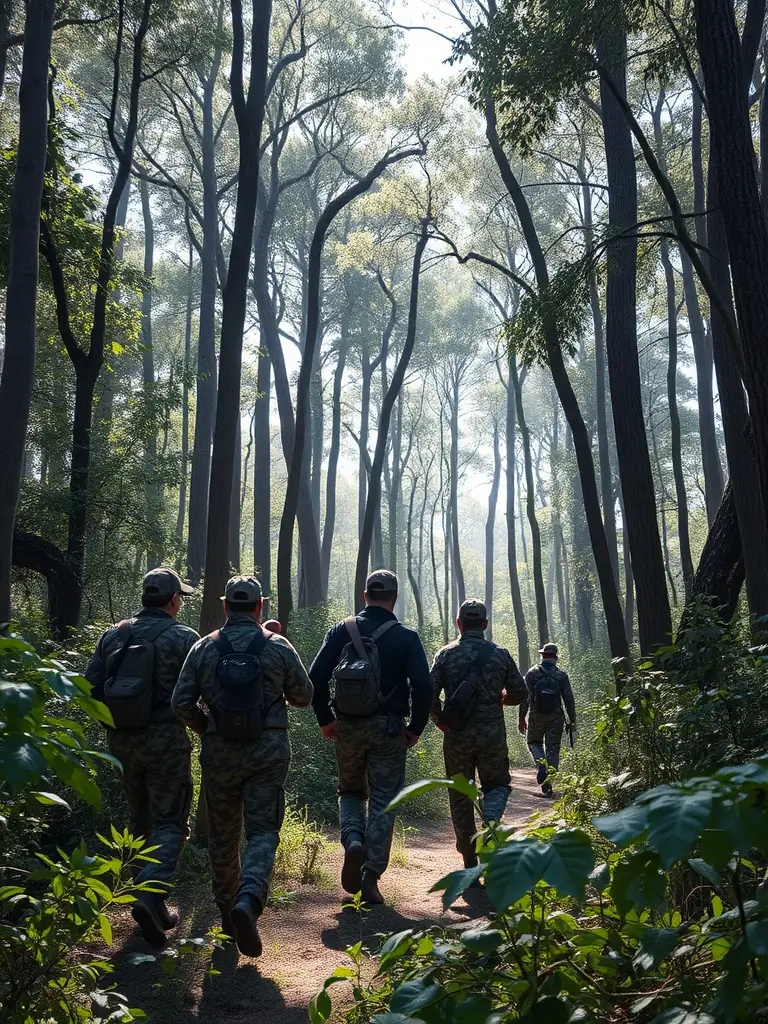 A photo of club members participating in an anti-poaching patrol, equipped with appropriate gear and signage.