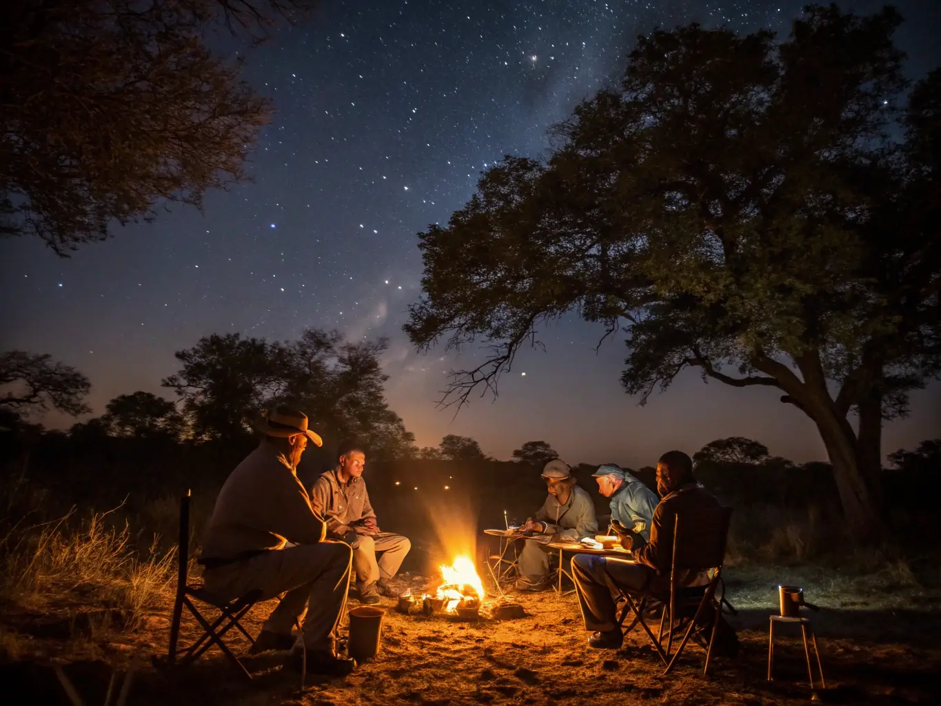 A group of hunters gathered around a campfire in a forest clearing at dusk, discussing hunting strategies.
