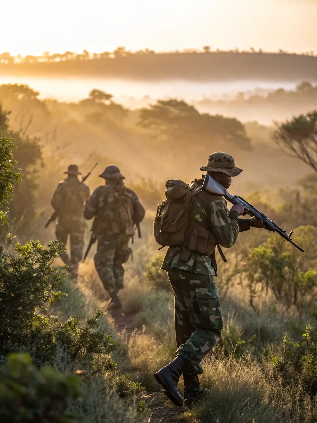 A photograph of wildlife rangers patrolling a forested area with surveillance equipment, showcasing anti-poaching efforts.